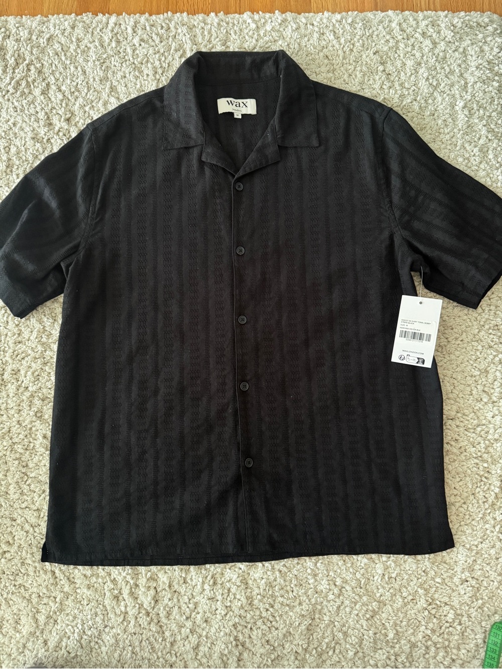 Wax London Didcot Men's M Black Stripe Dobby Short Sleeve Button-Up Shirt